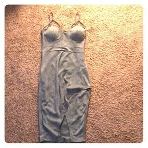 Grey blue tone dress with a slit also velvet